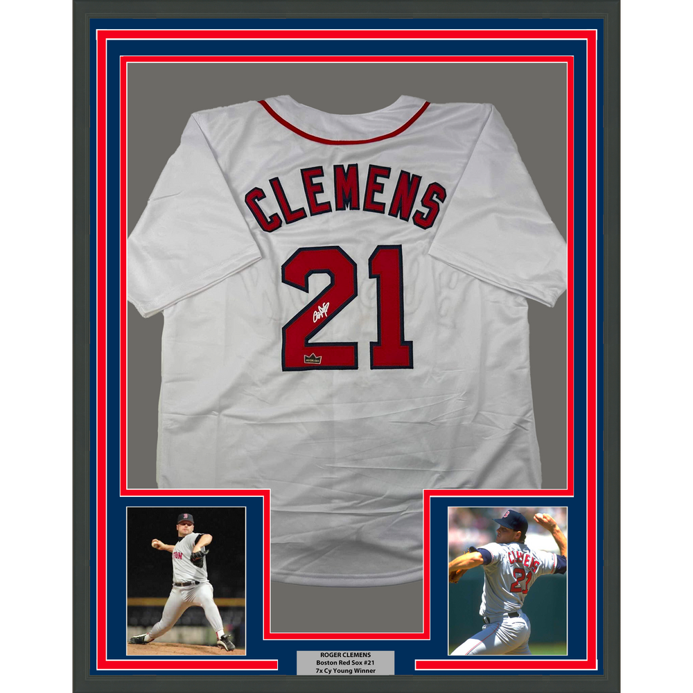 Framed Facsimile Autographed Roger Clemens 35x39 Boston White Reprint Laser Auto Baseball Jersey (ONLINE ORDER ONLY)