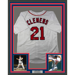 Framed Facsimile Autographed Roger Clemens 35x39 Boston White Reprint Laser Auto Baseball Jersey (ONLINE ORDER ONLY)