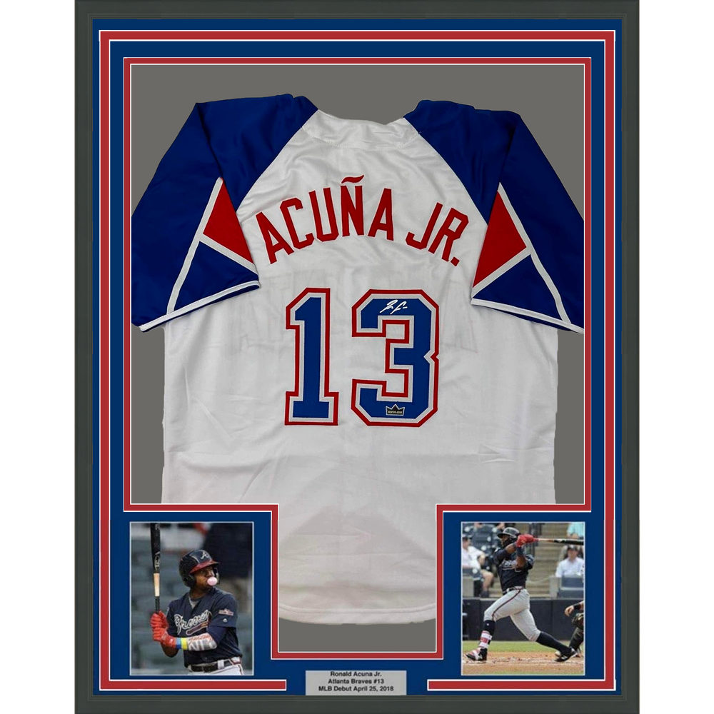 Framed Facsimile Autographed Ronald Acuna Jr. 35x39 Atlanta White Reprint Laser Auto Baseball Jersey (ONLINE ORDER ONLY)