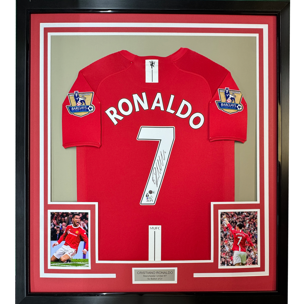 Framed Autographed/Signed Cristiano Ronaldo 35x39 Manchester United Red 2008 Soccer Jersey Beckett BAS COA (ONLINE ORDER ONLY)