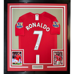 Framed Autographed/Signed Cristiano Ronaldo 35x39 Manchester United Red 2008 Soccer Jersey Beckett BAS COA (ONLINE ORDER ONLY)