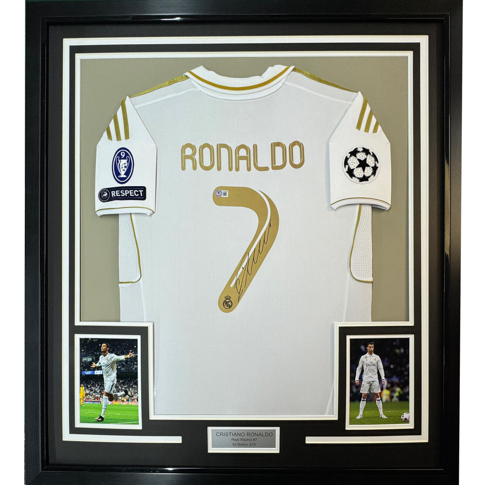 Framed Autographed/Signed Cristiano Ronaldo 35x39 Real Madrid White Soccer Jersey Beckett BAS COA (ONLINE ORDER ONLY)