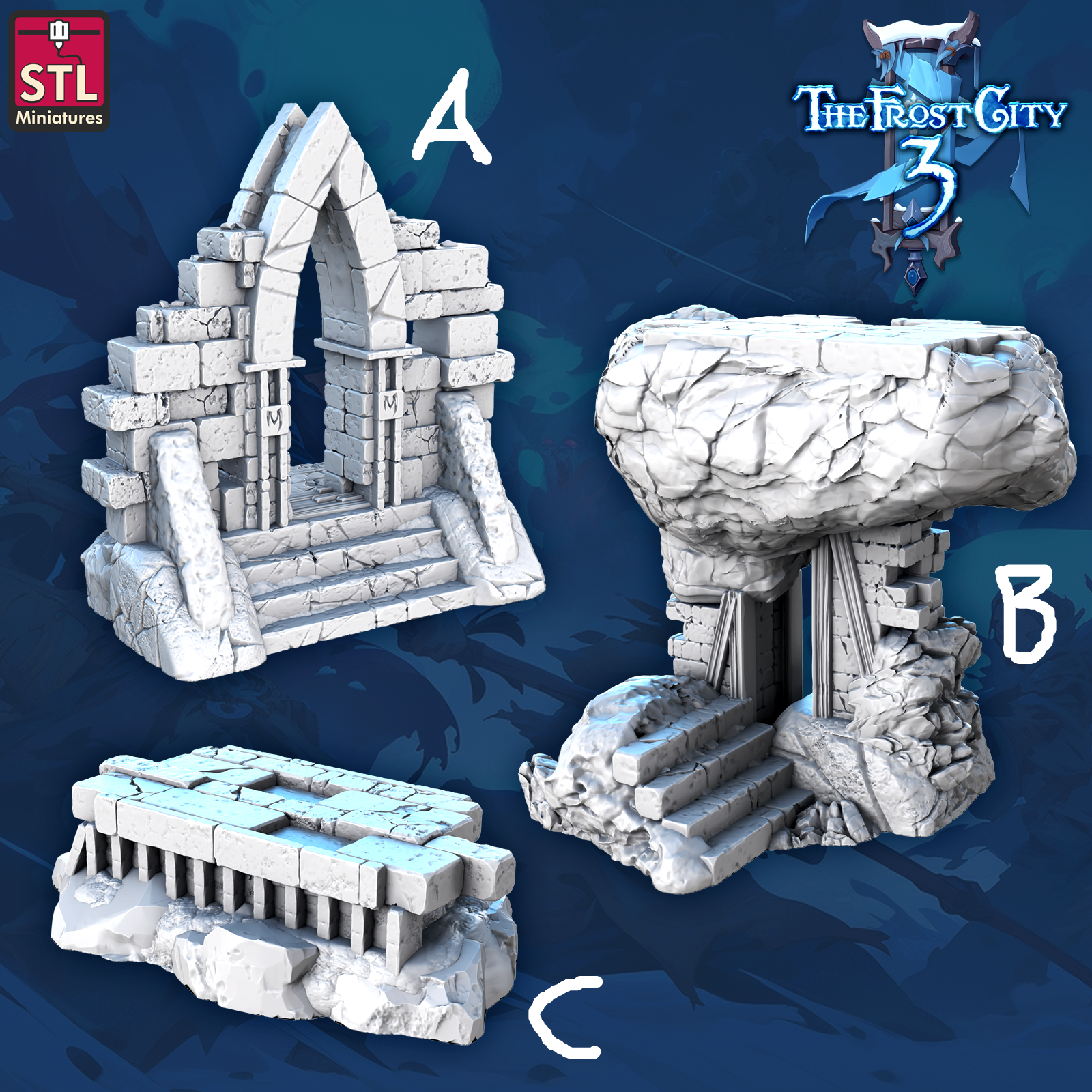 3D Printed STL Miniatures Ruins Set Core Props The Frost City 3 28 - 32mm War Gaming D&D (Online Only)