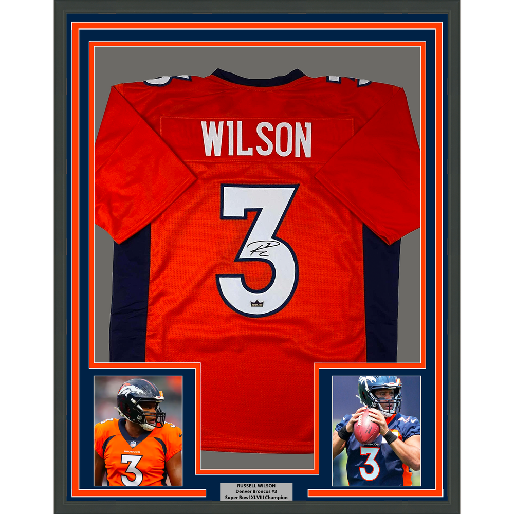 Framed Facsimile Autographed Russell Wilson 35x39 Denver Orange Reprint Laser Auto Football Jersey (ONLINE ORDER ONLY)