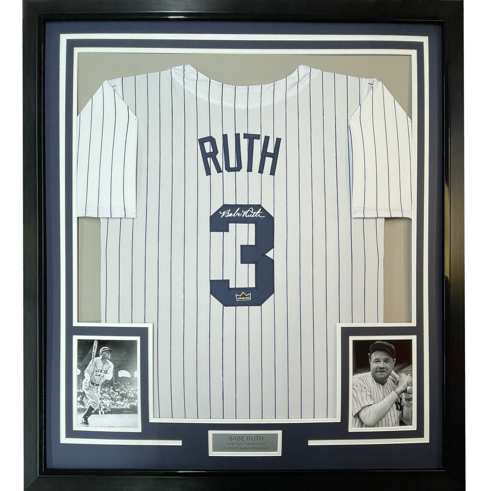 Framed Facsimile Autographed Babe Ruth 35x39 New York Pinstripe Reprint Laser Auto Baseball Jersey (ONLINE ORDER ONLY)