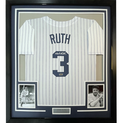 Framed Facsimile Autographed Babe Ruth 35x39 New York Pinstripe Reprint Laser Auto Baseball Jersey (ONLINE ORDER ONLY)