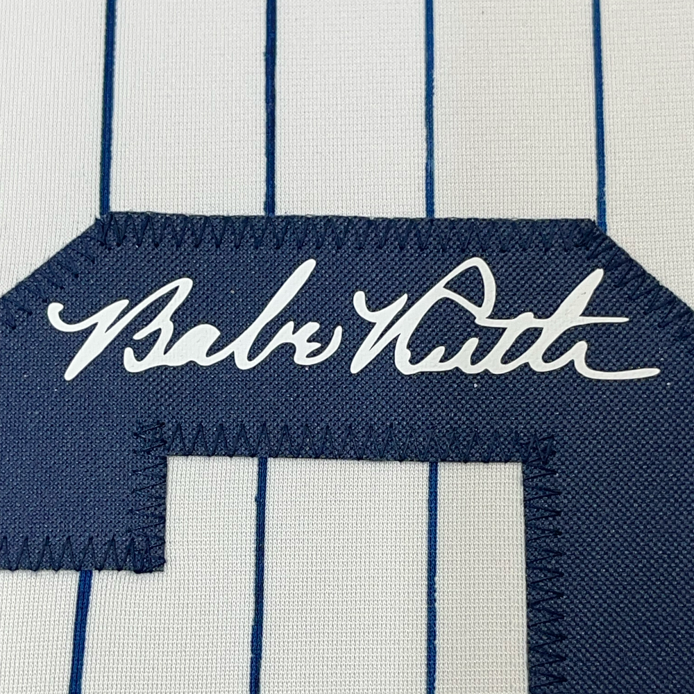 Framed Facsimile Autographed Babe Ruth 35x39 New York Pinstripe Reprint Laser Auto Baseball Jersey (ONLINE ORDER ONLY)