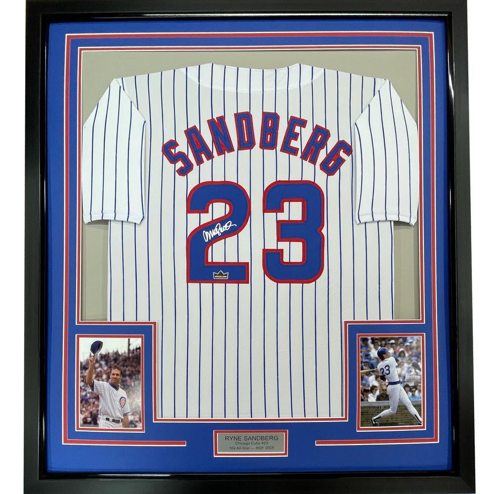Framed Facsimile Autographed Ryne Sandberg 35x39 Chicago Pinstripe Reprint Laser Auto Baseball Jersey (ONLINE ORDER ONLY)