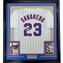 Framed Facsimile Autographed Ryne Sandberg 35x39 Chicago Pinstripe Reprint Laser Auto Baseball Jersey (ONLINE ORDER ONLY)