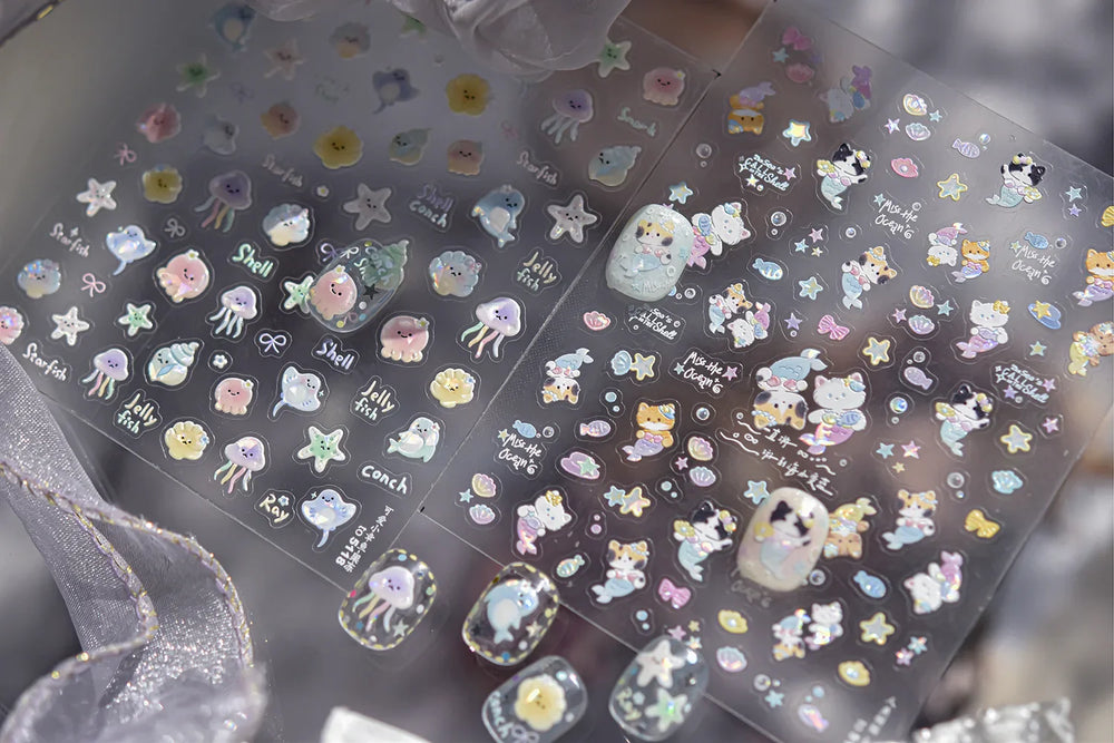 Ray Fish Shell  Conch Water Bubbles Octopus Starfish Mermaid Jellyfish Otter Dolphin Nail Art Decorations Sticker Manicure Decal (ONLINE ORDER ONLY)