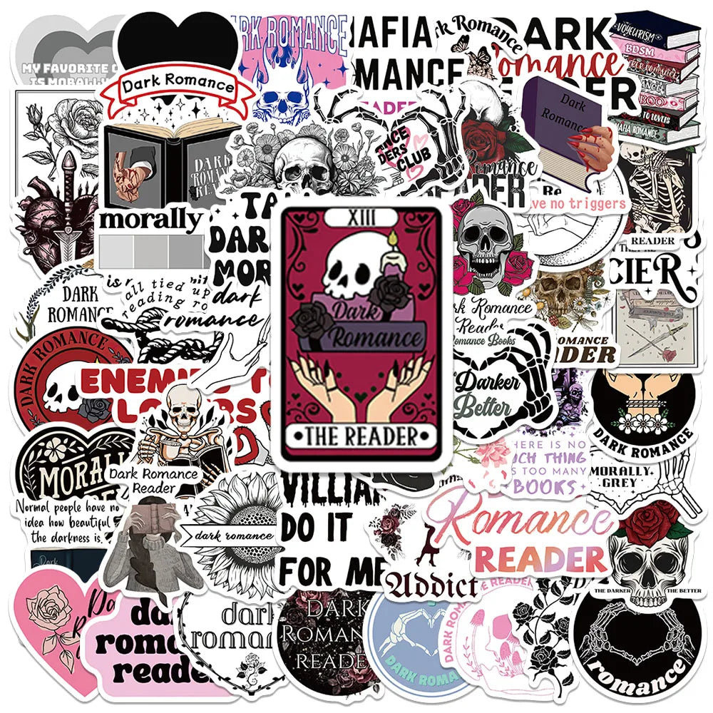 50pcs Aesthetic Dark Romance Reader Stickers Cartoon Bookish Sticker Luggage Laptop Guitar Phone Waterproof Vinyl Book Decals (ONLINE ORDER ONLY)
