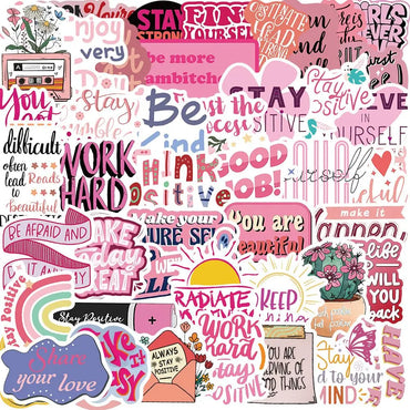 10/50PCS Kawaii Pink Motivational Stickers Inspirational Positive Words Graffiti Decals Scrapbook Notebook Phone Luggage Sticker (Online Order Only)