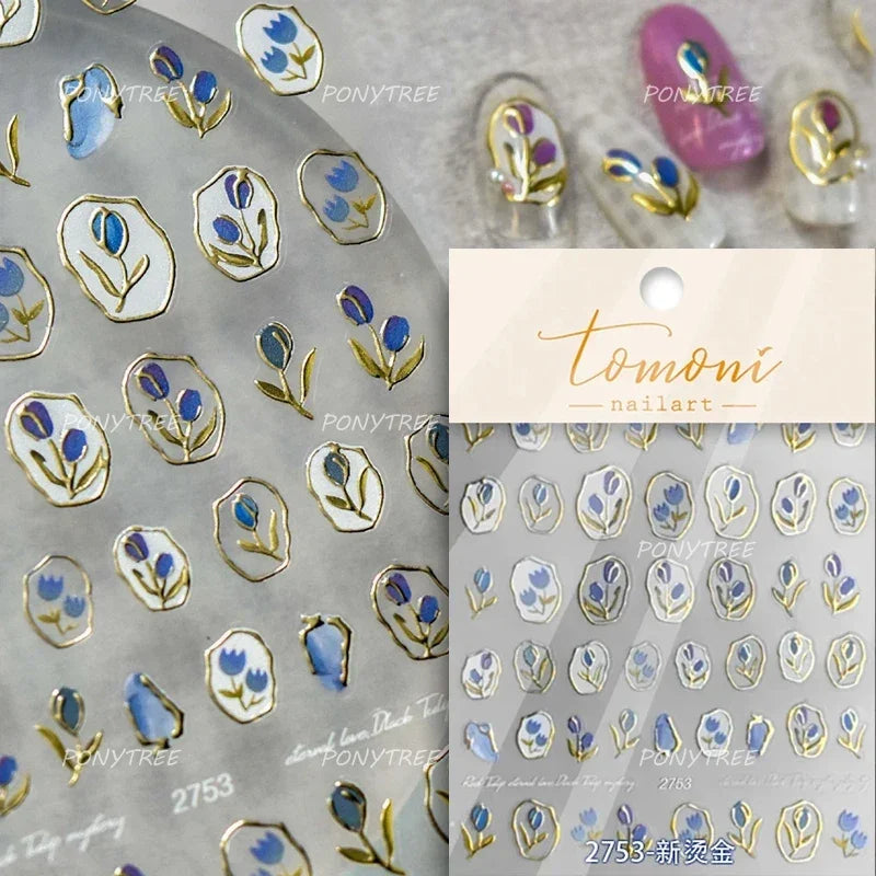 Hot Stamping Jelly All Tulips Garden Flower Bowknot Wave Lace Line Golden and Radiant Adhesive Nail Art Stickers Manicure Decals (ONLINE ORDER ONLY)