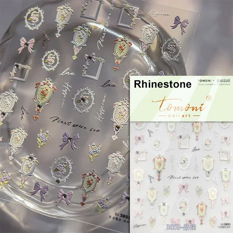 Chic Retro Rose Photo Frame Dried Flower Petal Self Adhesive Nail Art Stickers 5D Hot Stamping Relief Rhinestone Manicure Decals (Online Order Only)