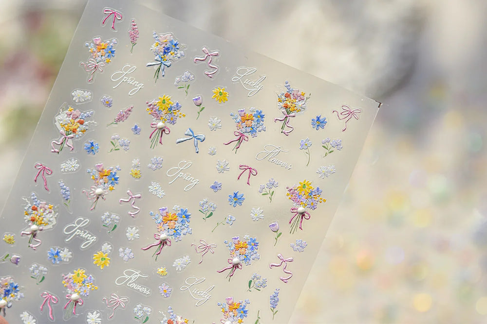 Cute Spring Flowers Purple Blue White Bowknot Rose Garden Daisy 5D Soft Embossed Relief Adhesive Nail Art Sticker Manicure Decal (ONLINE ORDER ONLY)