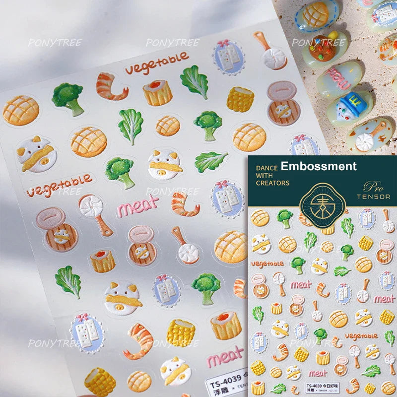 Cute Food Dog Baking Cookies Bread Rabbit Cheese Pudding Croissant Doughnut Adhesive Nail Art Decoration Sticker Manicure Decals (ONLINE ORDER ONLY)