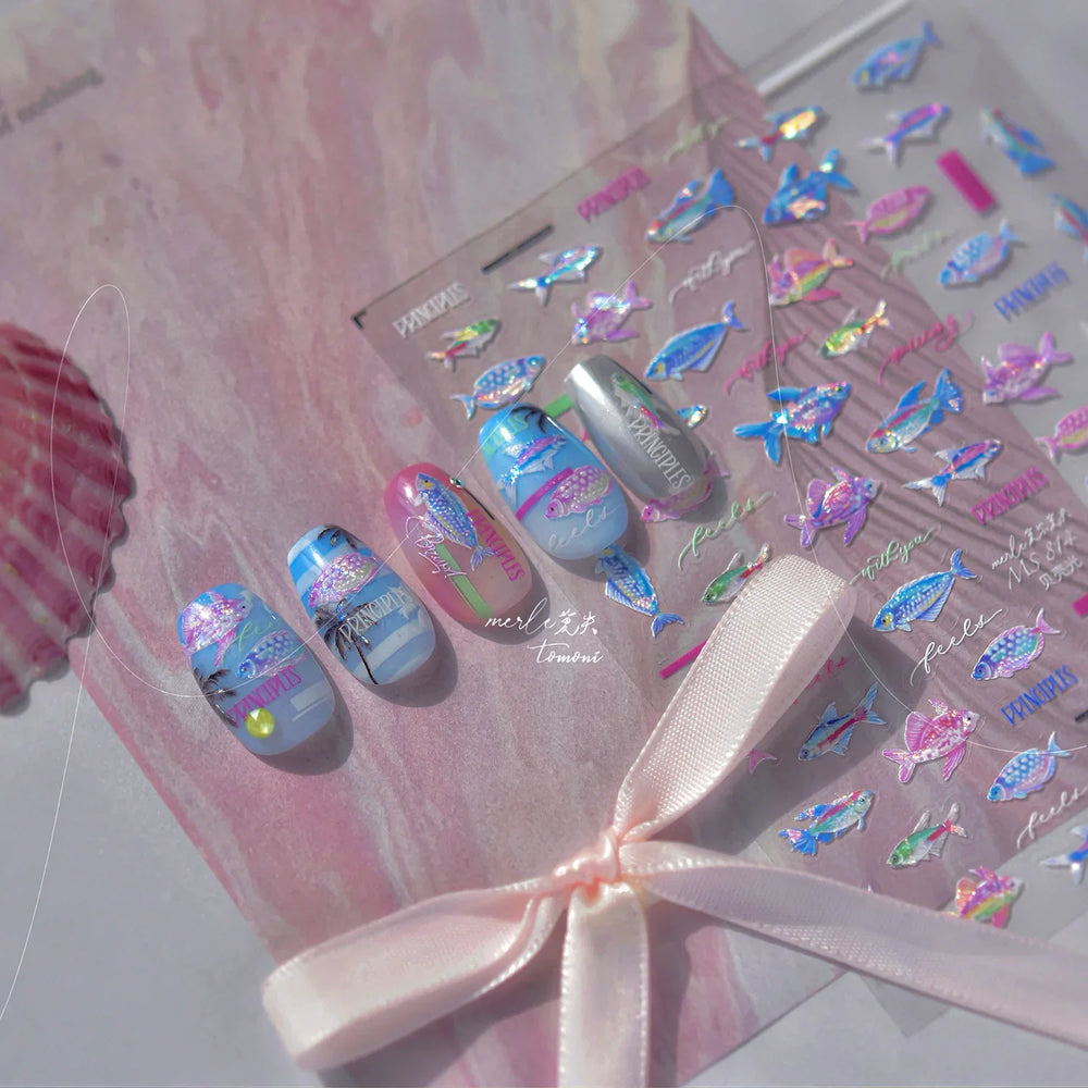Colorful Shoal of Fish Whale Ocean Shell Conch Starfish Summer Sea Jellyfish Bubble Nail Art Decoration Sticker Manicure Decals (ONLINE ORDER ONLY)
