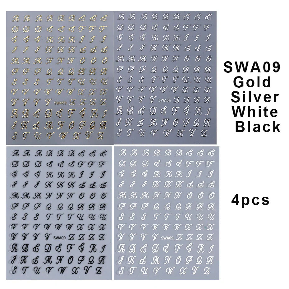 Roman Letter Nail Stickers: Gold, Silver, Black, White Alphabet Decals for DIY Manicure Decor (Online Order Only)