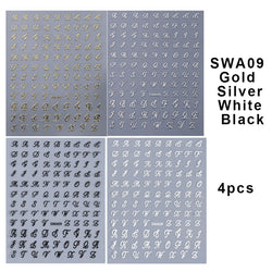 Roman Letter Nail Stickers: Gold, Silver, Black, White Alphabet Decals for DIY Manicure Decor (Online Order Only)