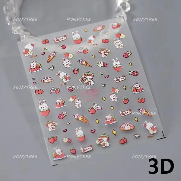 Cute White Rabbit Bunny Strawberry Flower Pudding Star Bowknot Fruit Delicate Adhesive Nail Art Sticker Charming Manicure Decal (Online Order Only)