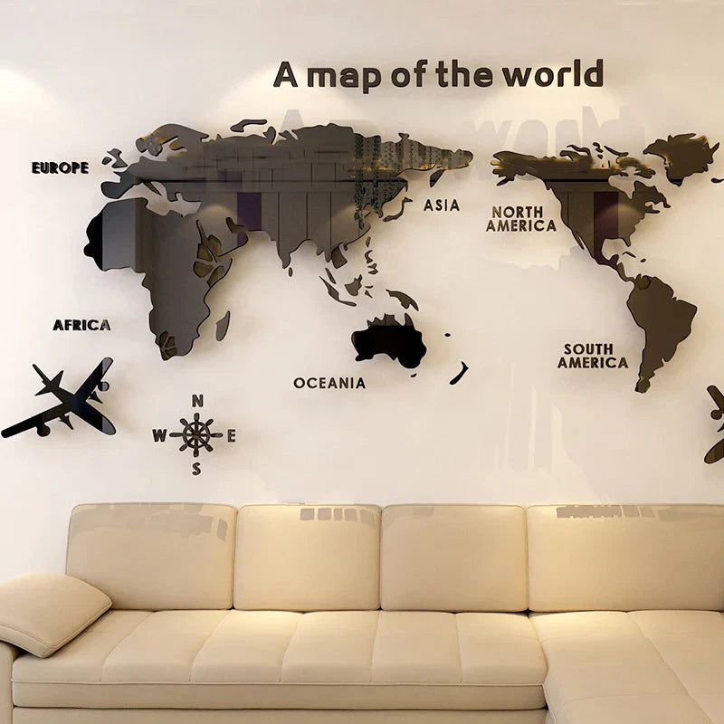 World Map Wall  3D Acrylic Wall Stickers Three-dimensional Mirror Stickers Bedroom Office Background Wall Decoration Stickers (ONLINE ORDER ONLY)