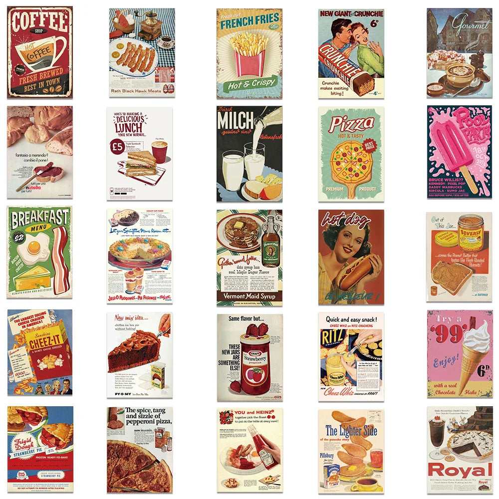 50pcs Retro Cartoon Food Stickers For Laptop Water Bottle Luggage Notebook DIY Waterproof Graffiti Vinyl Decals (ONLINE ORDER ONLY)