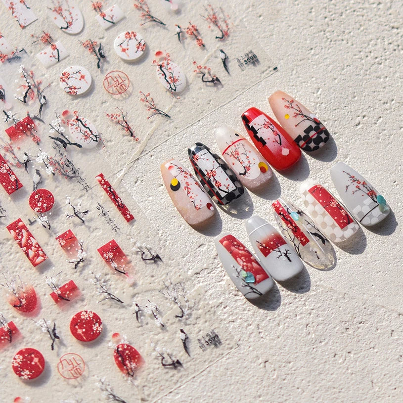 Red Plum Blossom Flower Chinese 3D Self Adhesive Nail Art Decoration Stickers Cheongsam Iris Lily Lotus Vase 5D Manicure Decals (ONLINE ORDER ONLY)