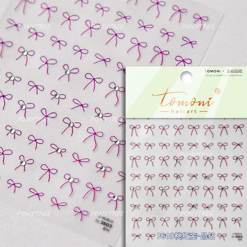 Shiny Pink Silver Gold Bowknot Tie Line Mini Delicate 3D 5D Self Adhesive Nail Art Stickers Embossment Rhinestone Manicure Decal (Online Order Only)