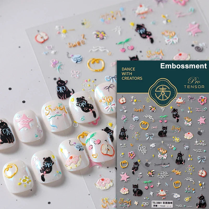 Cat Kitten Mewing Flower Star Bowknot Sweet Cherry Cake Food Line Sun Apple Heart Self Adhesive Nail Art Stickers Manicure Decal (Online Order Only)