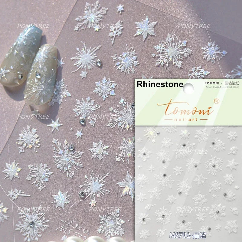 Flying Snowflakes Cold Winter Geometric Hexagon Star Romantic Adhesive Nail Art Stickers Embossment Rhinestone Manicure Decals (ONLINE ORDER ONLY)