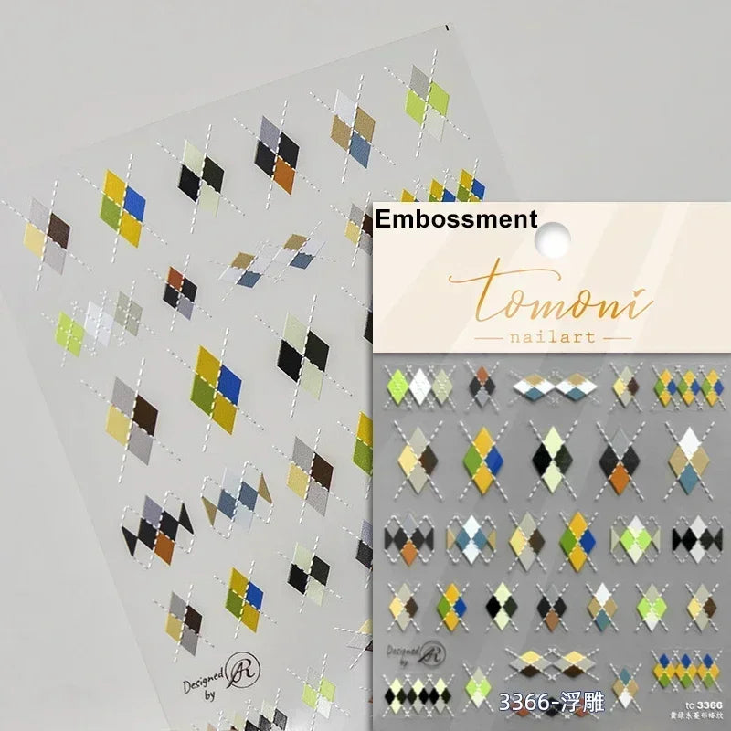 Geometric French Style Colorful Square Grid Rhombus Line Stripe Bowknot 3D Self Adhesive Nail Art Stickers Shiny Manicure Decals (ONLINE ORDER ONLY)