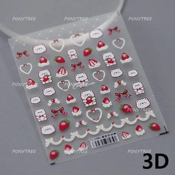 Cute White Rabbit Bunny Strawberry Flower Pudding Star Bowknot Fruit Delicate Adhesive Nail Art Sticker Charming Manicure Decal (Online Order Only)