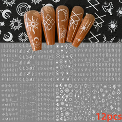 12PCS White Flowers Leaves 3D Nail Stickers Star/Moon/Sun Nail Art Decoration Decals Geometric Flower Stickers Nail Art Supplies (ONLINE ORDER ONLY)