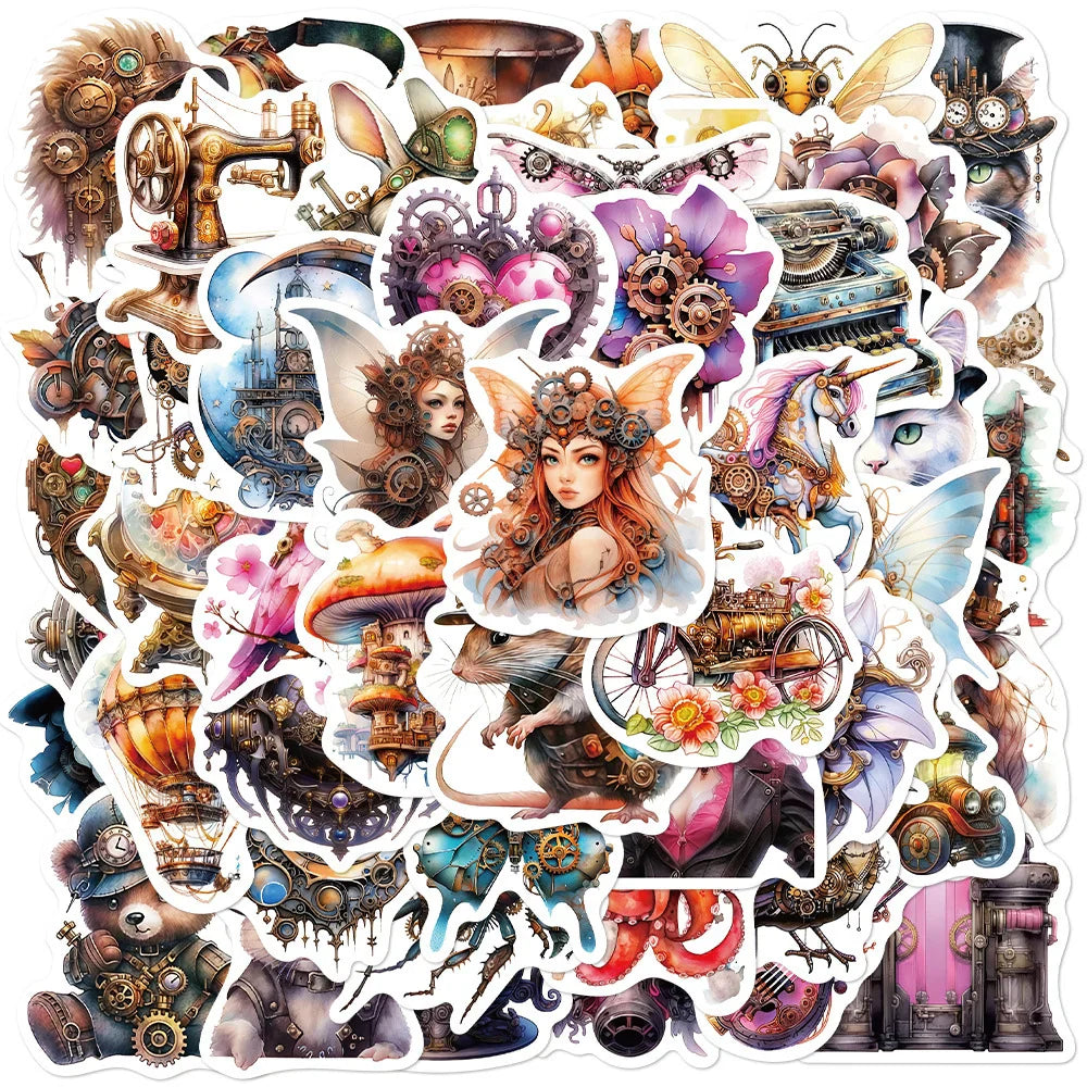 Steampunk Witch Girl Stickers: 10/30/50pcs Waterproof Decals for Laptop, Motorcycle, Luggage, Phone, Car, Bike (Online Order Only)