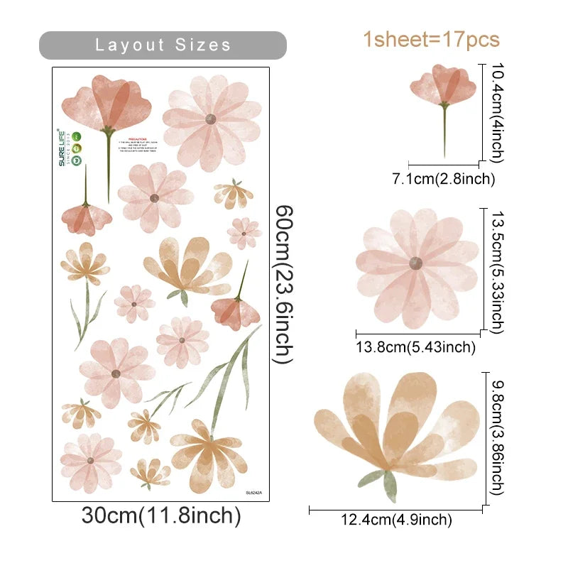 Boho Flower Wall Stickers Watercolor Removable Eco-friendly PVC Decals (Online Order Only)