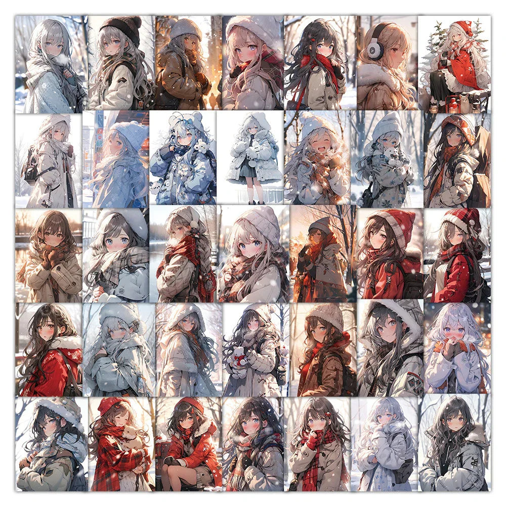 Anime Girl Winter Stickers - 10/30/60pcs Cute Cartoon Decals for Laptop, Phone, Suitcase, Scrapbook (Online Order Only)