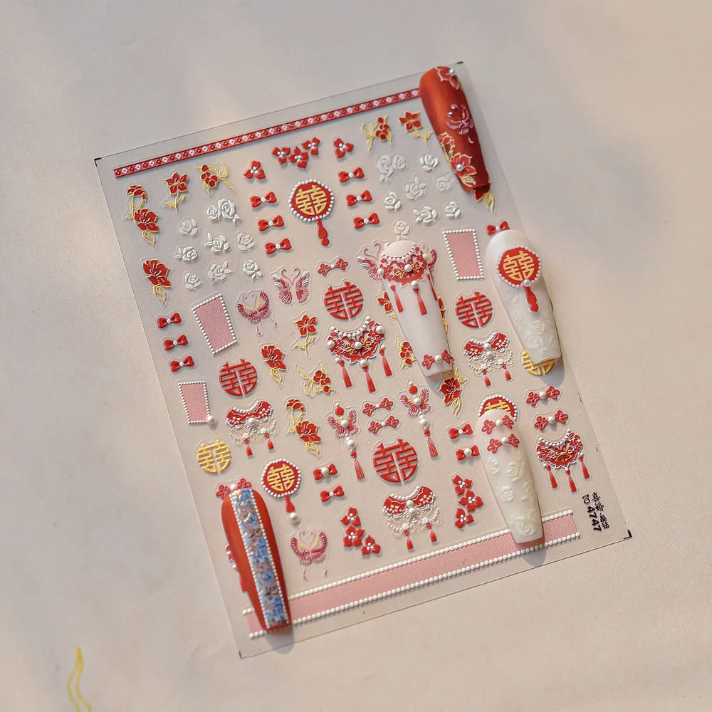 Embroidery Yunjin Brocade Tassels Bowknot Butterfly Flower Rose Camellia Adhesive Nail Art Stickers Rhinestone Manicure Decals (Online Order Only)
