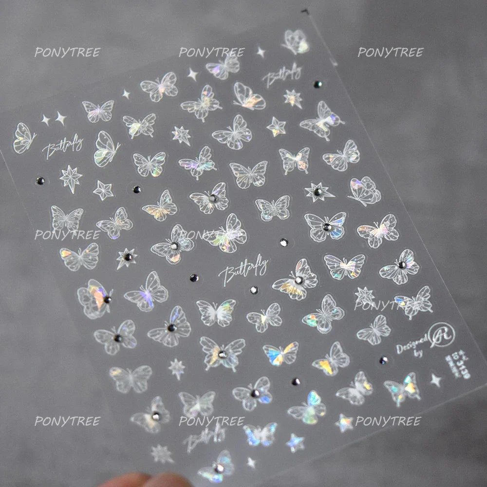 Chic Butterfly Flower Lily Lilium Narcissus Line Beautiful Blue Pearl Self Adhesive Nail Art Stickers Decorations Manicure Decal (Online Order Only)