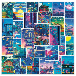 10/30/50pcs Anime View Street Night Painting Prints Cartoon Stickers Cute Aesthetic Decals Skateboard Laptop Phone Cool Sticker (Online Order Only)
