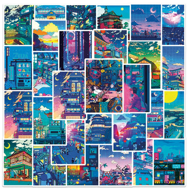 10/30/50pcs Anime View Street Night Painting Prints Cartoon Stickers Cute Aesthetic Decals Skateboard Laptop Phone Cool Sticker (Online Order Only)