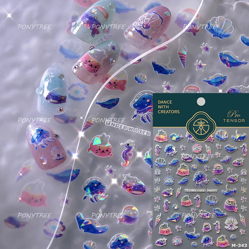 Romantic Pink Blue Shell Sea Grass Star Moon Summer Self Adhesive Nail Art Stickers Leaves Reliefs Manicure Decals Wholesale (ONLINE ORDER ONLY)