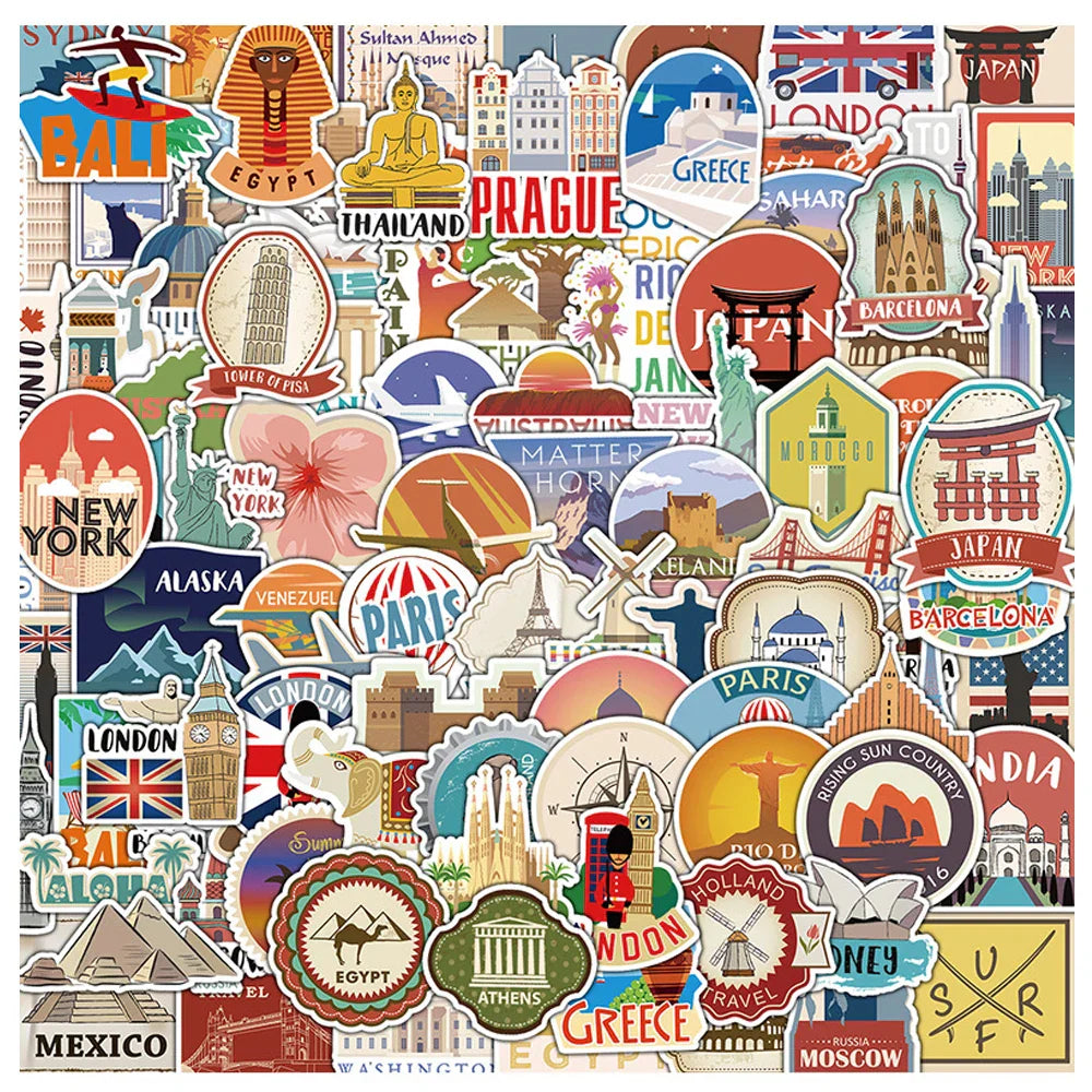 Vintage Travel City Landscape Stickers - 10/30/50/100PCS Graffiti Decals for Laptop, Scrapbook, Phone, Diary (ONLINE ORDER ONLY)