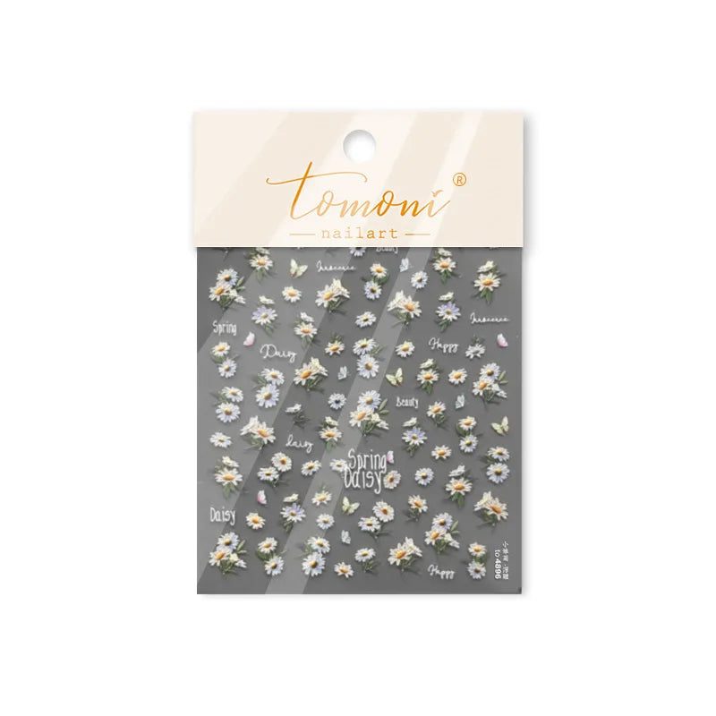 Rural Style White Daisy Flower Butterfly Small Wildflowers 5D Soft Embossed Relief Adhesive Nail Art Stickers 3D Manicure Decals (ONLINE ORDER ONLY)