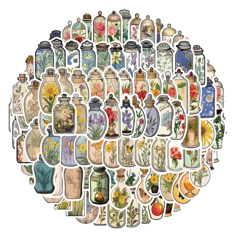 10/30/50/100pcs Vintage Flower Bottle Cartoon Stickers Decals Kids Classic Toy Laptop Phone Scrapbook Diary Decoration Sticker (ONLINE ORDER ONLY)
