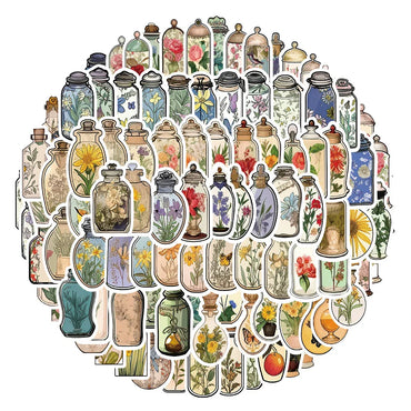 10/30/50/100pcs Vintage Flower Bottle Cartoon Stickers Decals Kids Classic Toy Laptop Phone Scrapbook Diary Decoration Sticker (ONLINE ORDER ONLY)