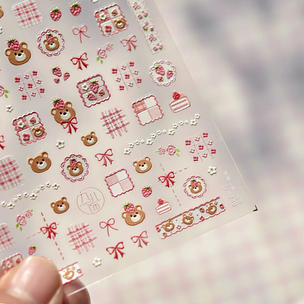 Lovely Bear Strawberry Cake Rose Flower Grid Block Bowknot Embossed Relief Self Adhesive Nail Art Sticker Cute 3D Manicure Decal (ONLINE ORDER ONLY)