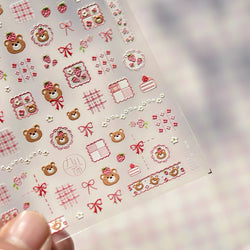 Lovely Bear Strawberry Cake Rose Flower Grid Block Bowknot Embossed Relief Self Adhesive Nail Art Sticker Cute 3D Manicure Decal (ONLINE ORDER ONLY)