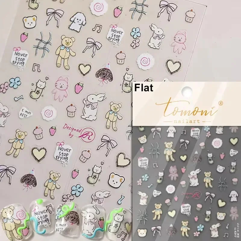 Charming Cherry's Cake Cute Bowknot Pink Blue Bear Flower Bouquet Strawberry Adhesive Nail Art Sticker Rhinestone Manicure Decal (Online Order Only)