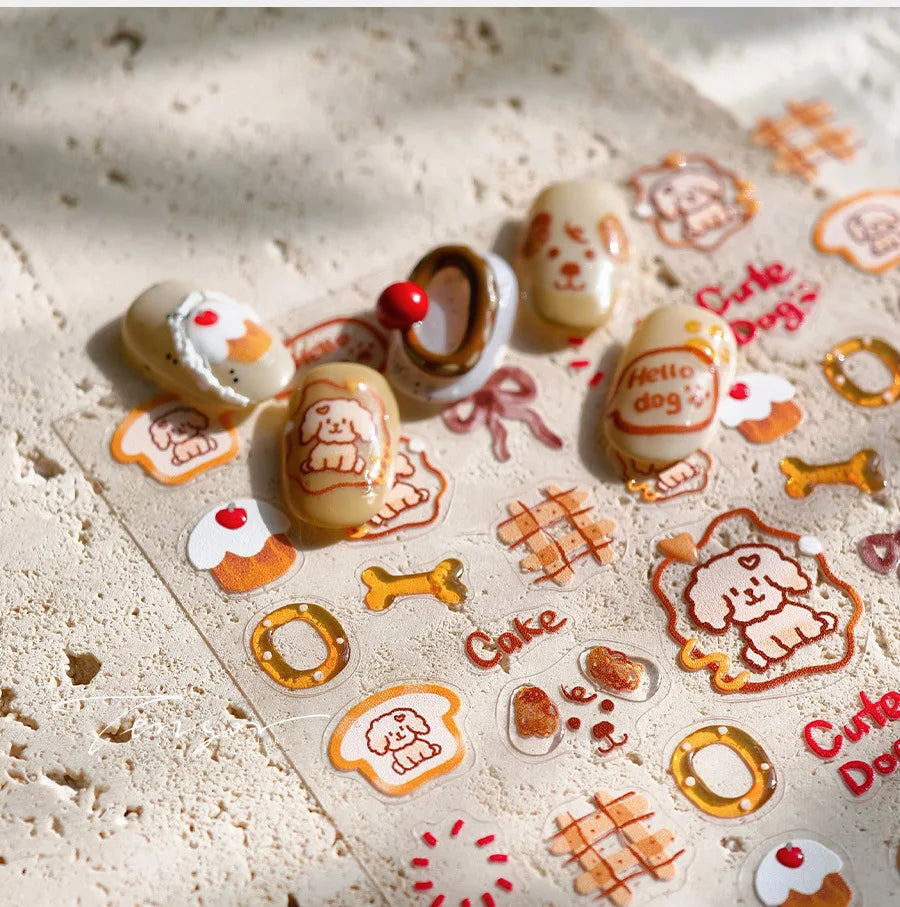 Lovely Dog Bone Bowknot Bread Graffiti Cake Cherry 3D Line Paw Adhesive Nail Art Stickers Cute Cartoon Manicure Decals Wholesale (ONLINE ORDER ONLY)