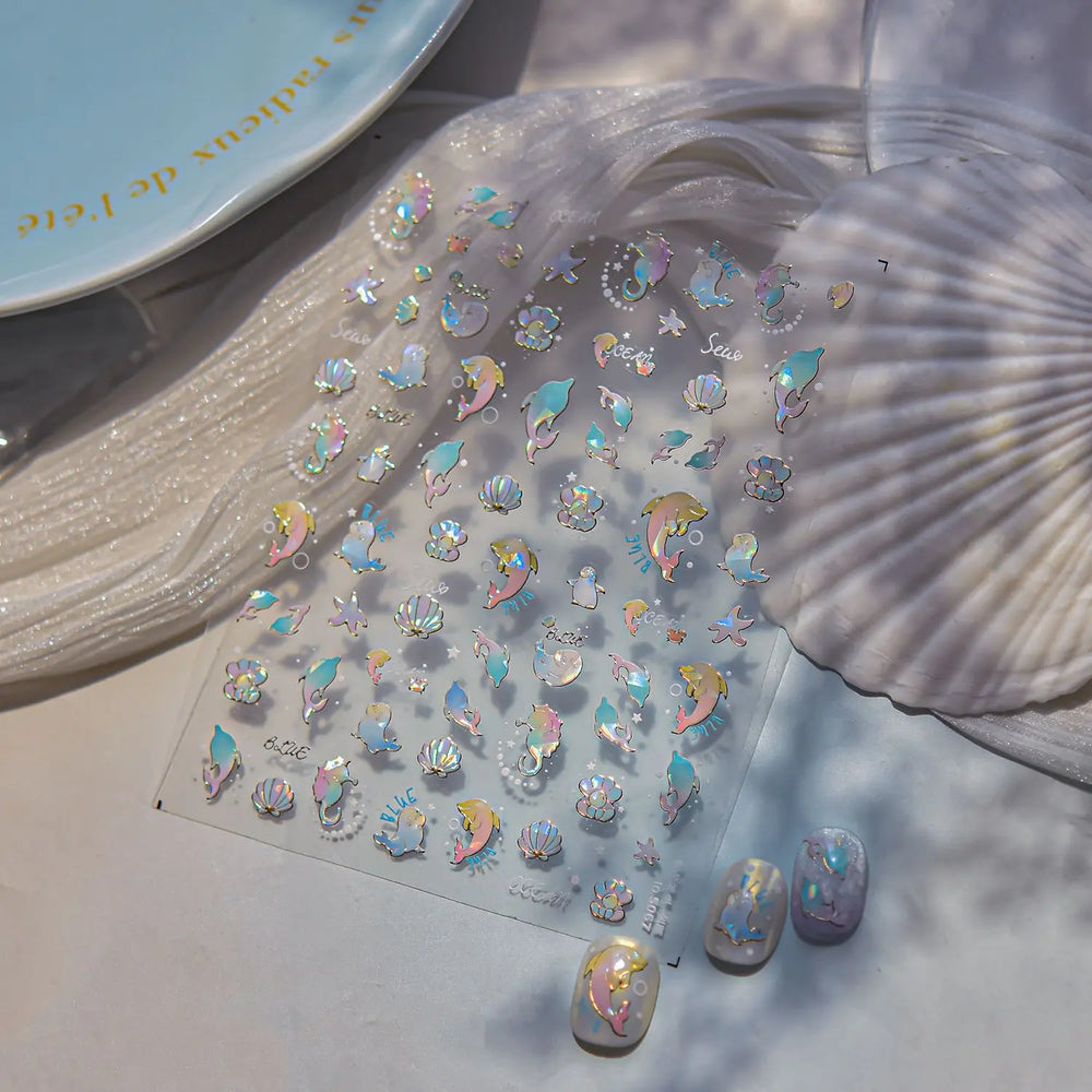 Colored Whale Seahorse Shell Crab Otter Pearl Oyster Starfish Ocean Dreamy Adhesive Nail Art Stickers Manicure Decals Wholesale (ONLINE ORDER ONLY)